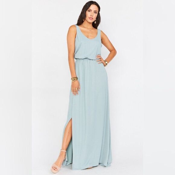 Nwt - Show Me Your MuMu - L - Kendall Maxi Dress Silver Sage Crisp Long Lining - Picture 1 of 9